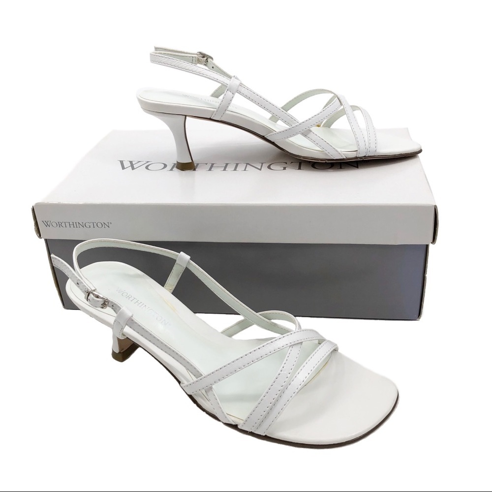 Worthington Sandal Heels Priscilla White Leather Strappy Sling Back Size 6.5M